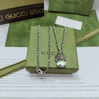 Gucci GG Crystal Heart Drop Silver Necklace