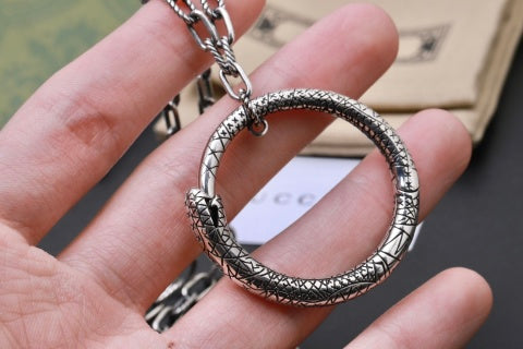Gucci GG Engraved Oval Medallion Silver Pendant Necklace