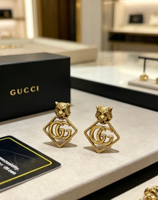 Gucci Interlocking G Lion Head Geometric Stud Earrings
