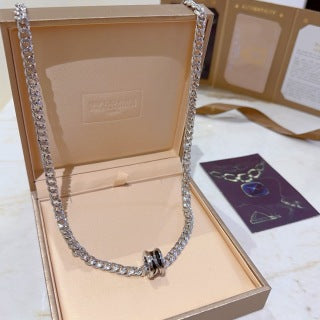 Bvlgari Silver Pave Chain Circle Pendant Necklace – Elegant Luxury Jewelry