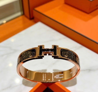 Hermès Black Enamel Engraved H Cuff Bracelet