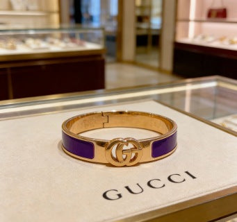 Gucci GG Enamel Purple Accent Gold Cuff Bracelet