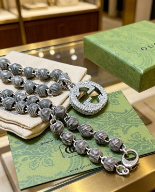 Gucci GG Pavé Bead Link Silver Statement Necklace