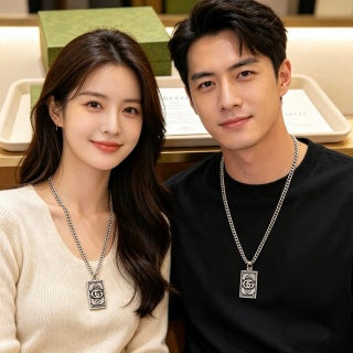 Gucci GG Monogram Plaque Silver Chain Necklace